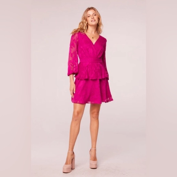 NWT Band of the Free Gypsy Jewel Fuchsia Ruffle Peplum Flowy Mini Dress Size L - Picture 2 of 9